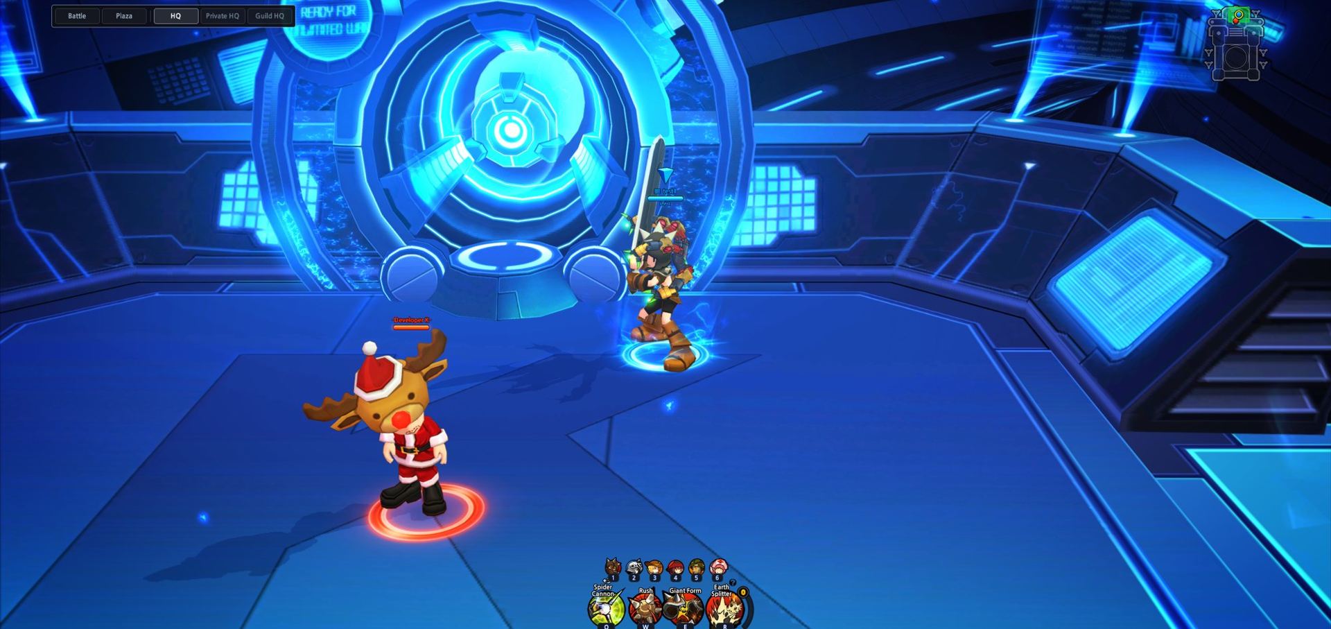 The Reborn HQ, a glowing blue hangar with two heroes